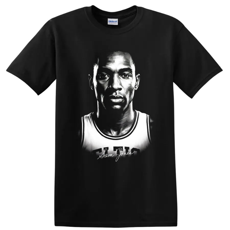 Black-and-white Sam Jones basketball portrait with Celtics jersey and signature on a Black T Shirt