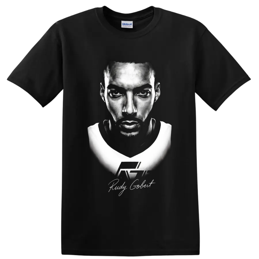 Rudy Gobert No. 27 black-and-white basketball portrait with signature-style lettering on a Black T Shirt