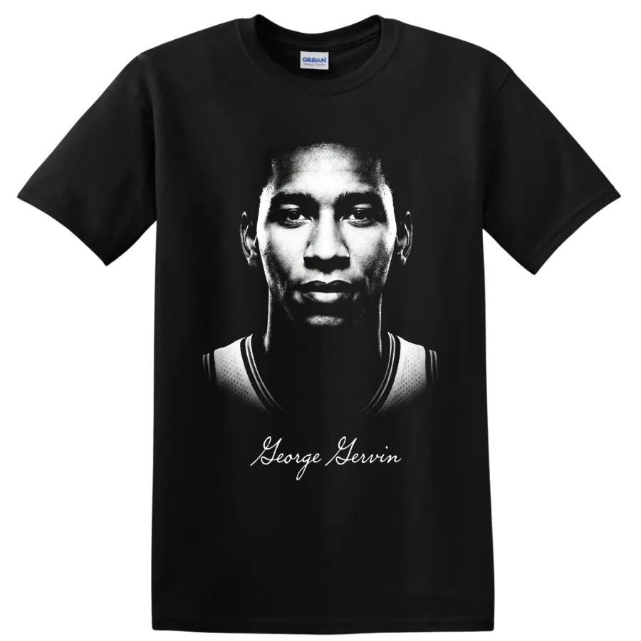 George Gervin monochrome basketball portrait with signature-style name text on a Black T Shirt
