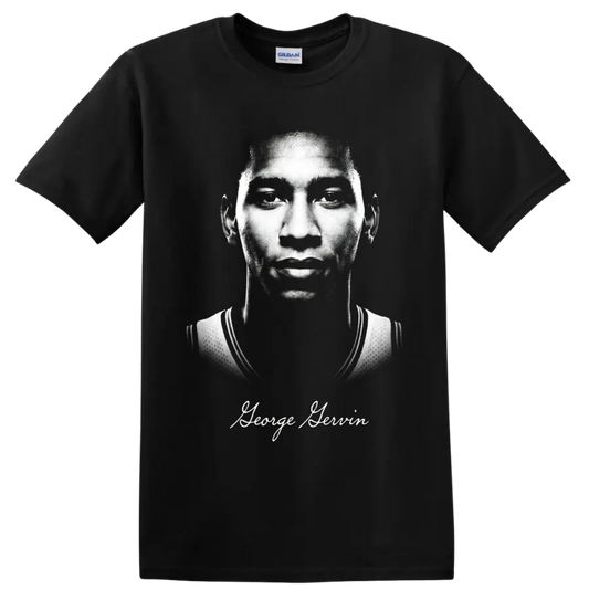 George Gervin monochrome basketball portrait with signature-style name text on a Black T Shirt