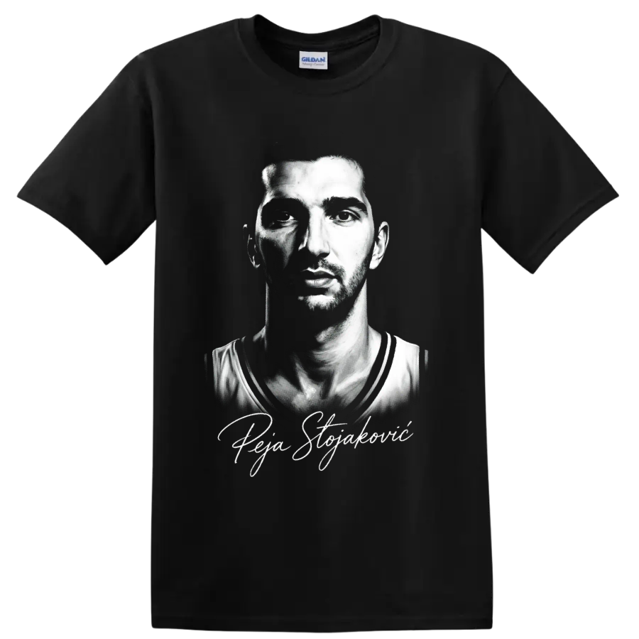 Peja Stojakovic black-and-white basketball portrait with signature-style script on a Black T Shirt
