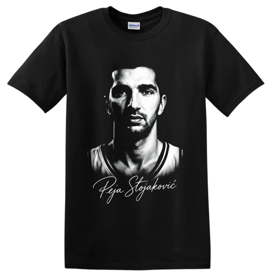 Peja Stojakovic black-and-white basketball portrait with signature-style script on a Black T Shirt
