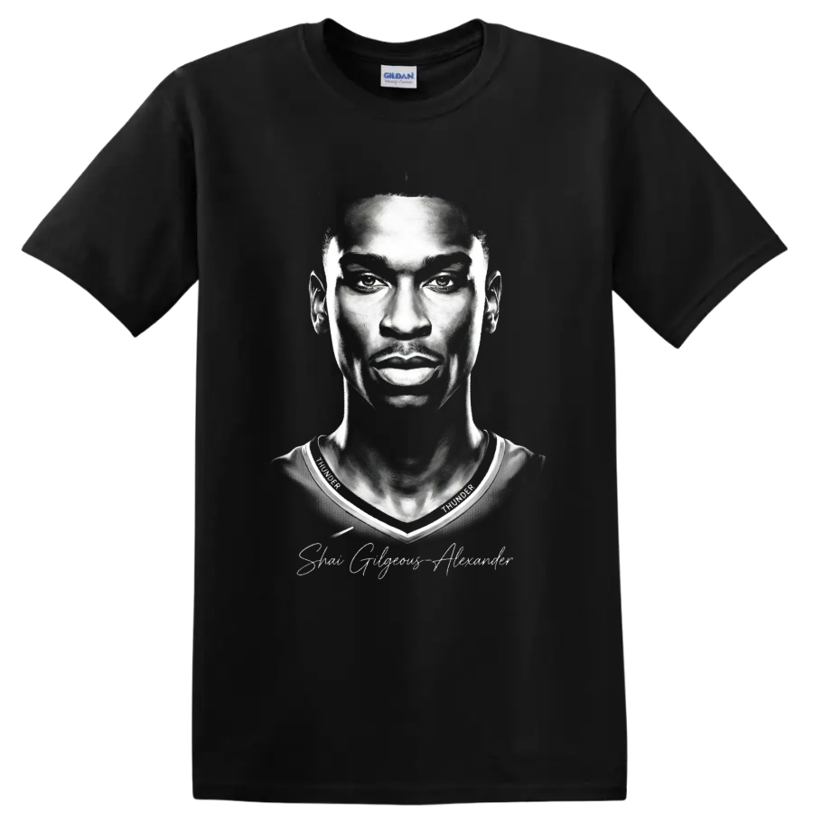 Shai Gilgeous-Alexander Oklahoma City Thunder No. 2 black-and-white portrait on a Black T Shirt