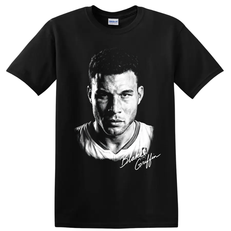 Blake Griffin Los Angeles Clippers No. 32 black-and-white basketball portrait on a Black T Shirt