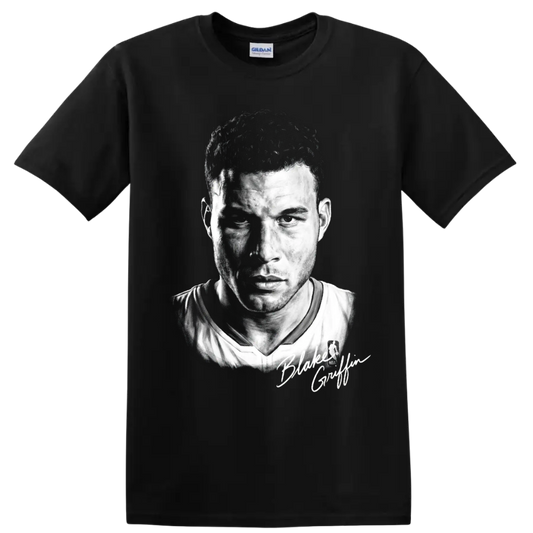 Blake Griffin Los Angeles Clippers No. 32 black-and-white basketball portrait on a Black T Shirt