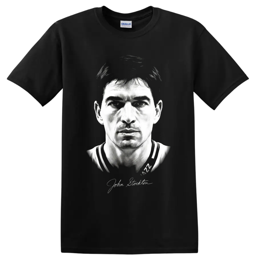 John Stockton Utah Jazz No. 12 monochrome basketball portrait with signature on a Black T Shirt