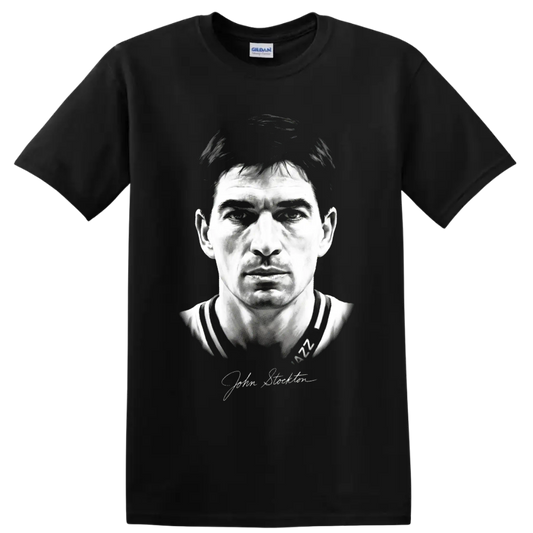 John Stockton Utah Jazz No. 12 monochrome basketball portrait with signature on a Black T Shirt