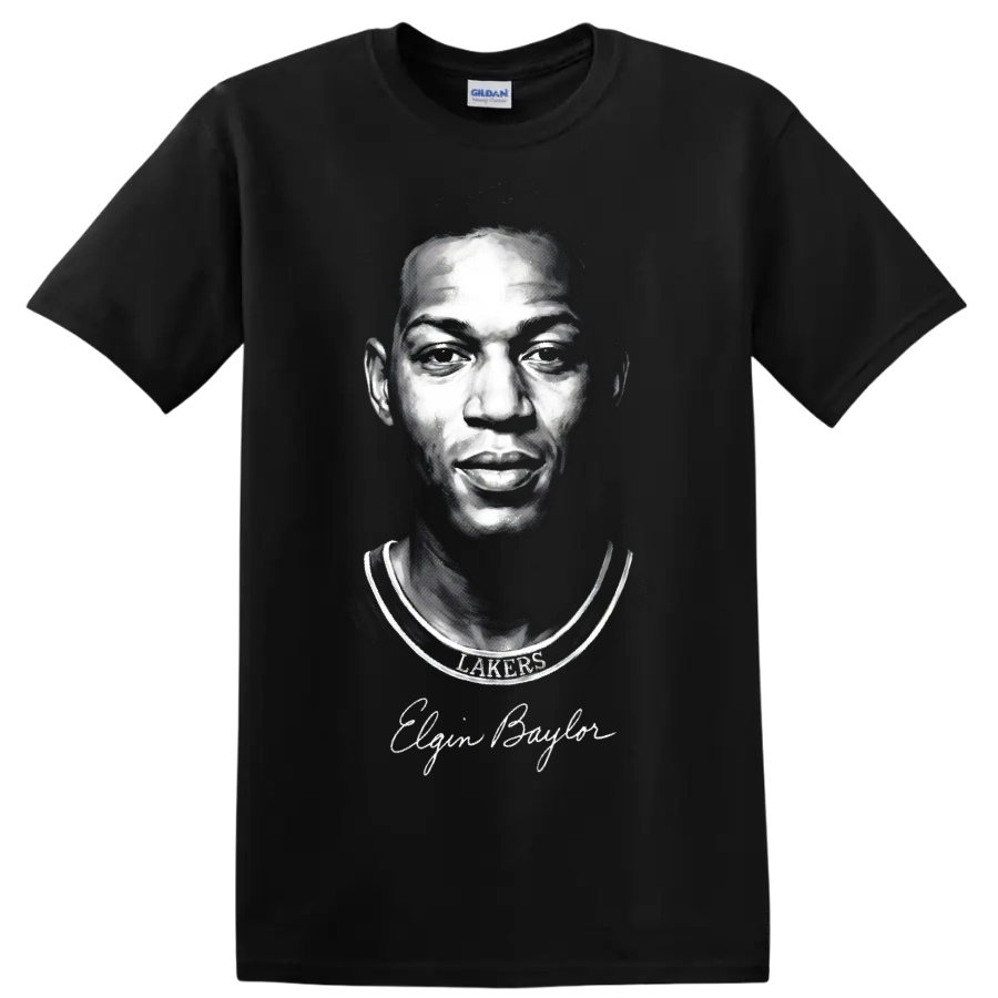 Elgin Baylor Lakers jersey portrait with signature in dramatic grayscale illustration on a Black T Shirt