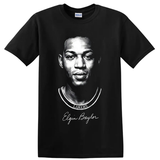 Elgin Baylor Lakers jersey portrait with signature in dramatic grayscale illustration on a Black T Shirt