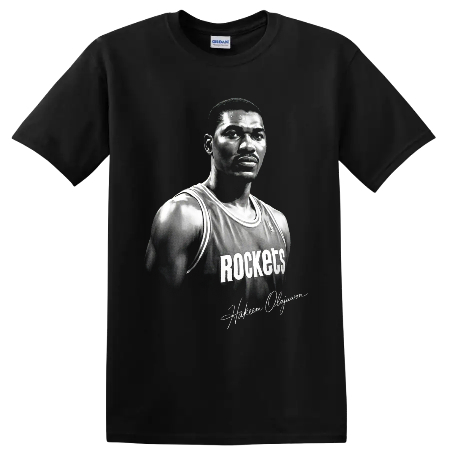 Black-and-white Hakeem Olajuwon Houston Rockets No. 34 basketball portrait on a Black T Shirt