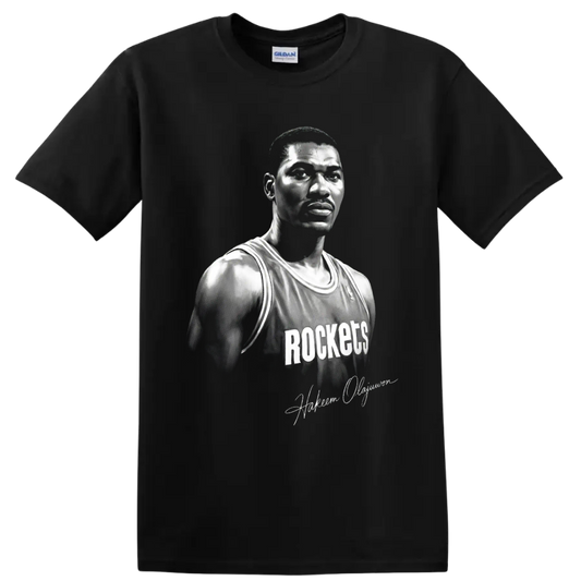 Black-and-white Hakeem Olajuwon Houston Rockets No. 34 basketball portrait on a Black T Shirt
