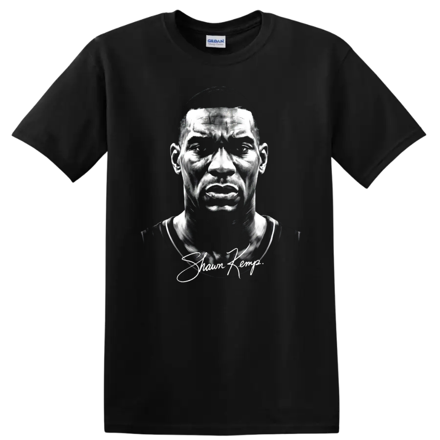 Shawn Kemp black-and-white basketball portrait with signature-style script on a Black T Shirt