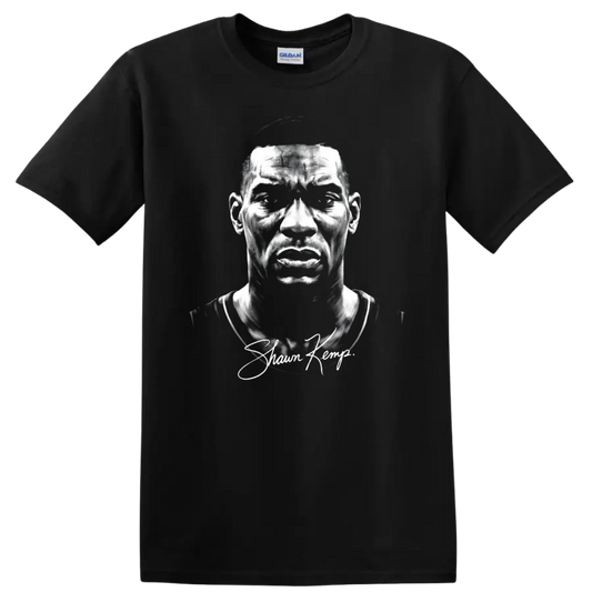 Shawn Kemp black-and-white basketball portrait with signature-style script on a Black T Shirt