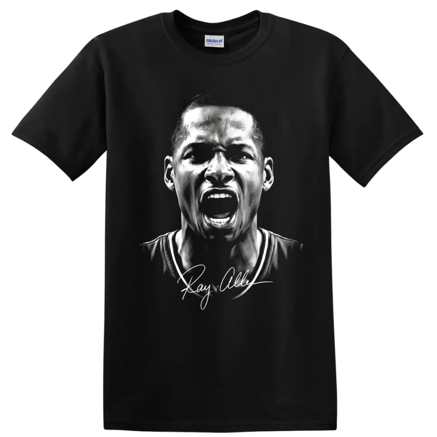 Monochrome Ray Allen shouting basketball portrait with signature-style detail on a Black T Shirt