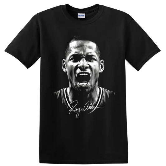 Monochrome Ray Allen shouting basketball portrait with signature-style detail on a Black T Shirt