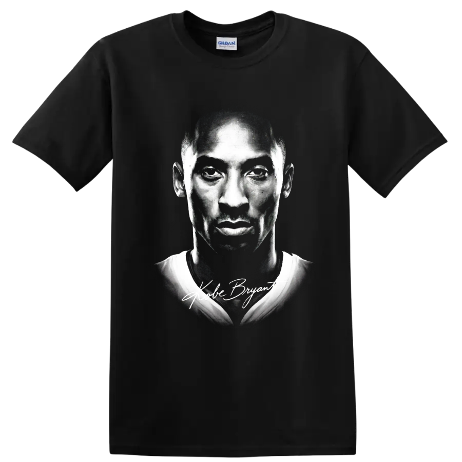 Black-and-white Kobe Bryant Lakers No. 24 portrait with signature-style lettering on a Black T Shirt