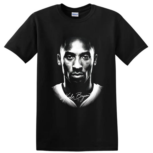 Black-and-white Kobe Bryant Lakers No. 24 portrait with signature-style lettering on a Black T Shirt