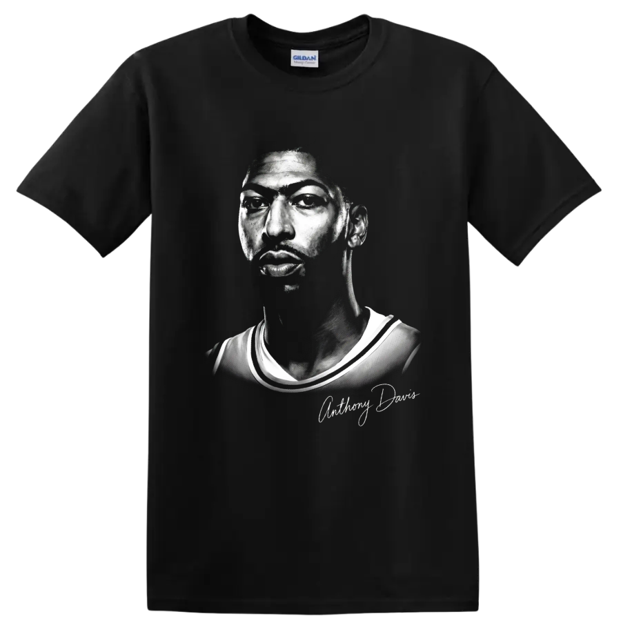 Anthony Davis monochrome basketball portrait with signature-style name script on a Black T Shirt