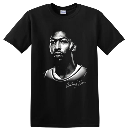 Anthony Davis monochrome basketball portrait with signature-style name script on a Black T Shirt