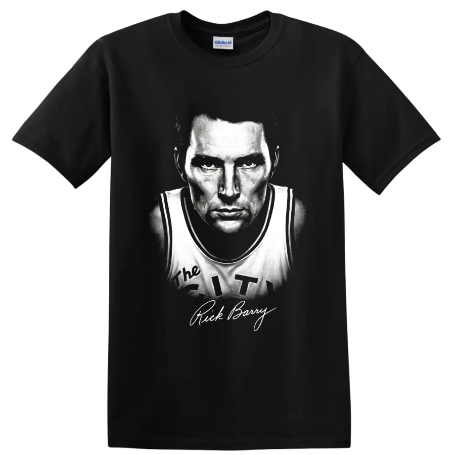 Rick Barry No. 24 basketball player monochrome portrait with signature-style text on a Black T Shirt