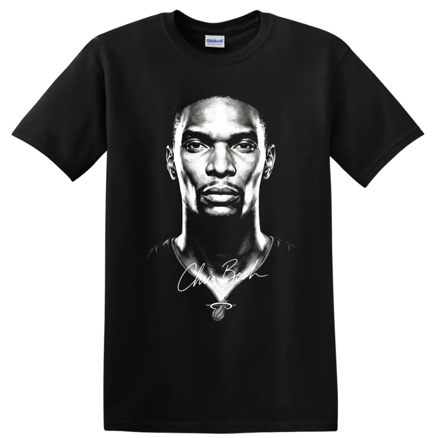 Chris Bosh black-and-white basketball portrait with signature-style script on a Black T Shirt