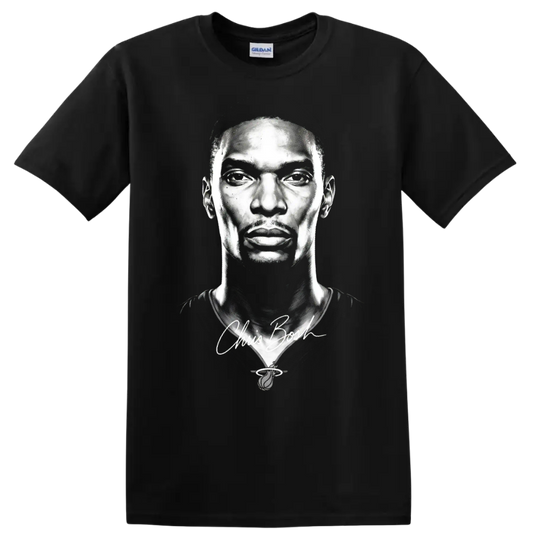 Chris Bosh black-and-white basketball portrait with signature-style script on a Black T Shirt