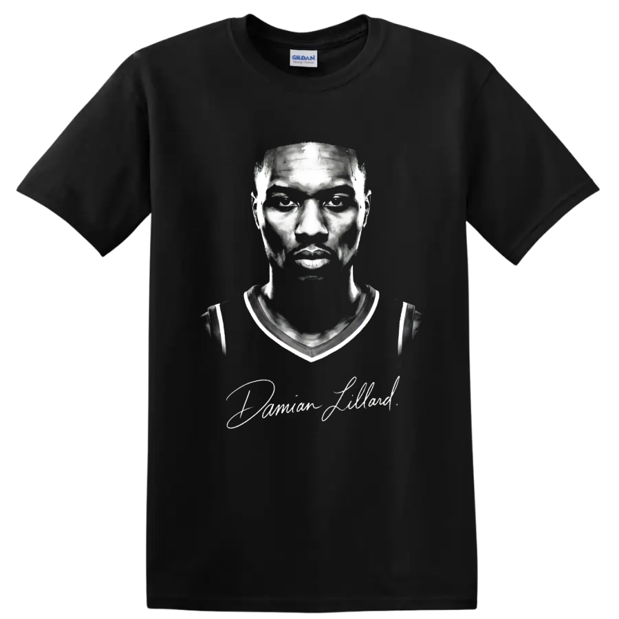 Damian Lillard monochrome basketball portrait with signature-style script on a Black T Shirt