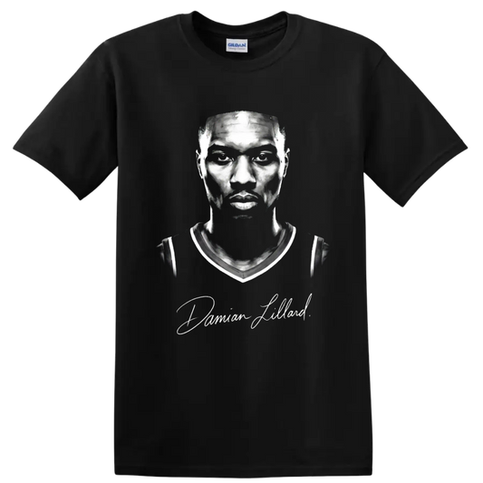 Damian Lillard monochrome basketball portrait with signature-style script on a Black T Shirt