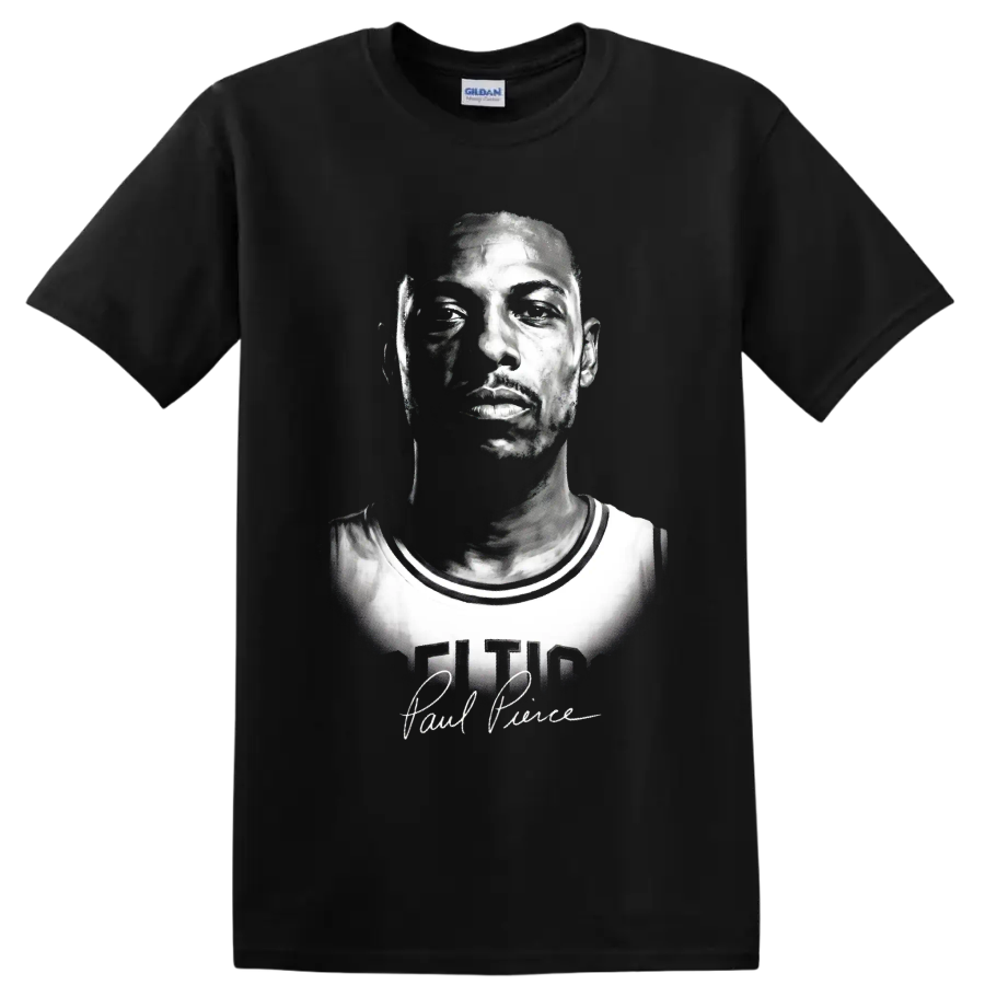 Black-and-white Paul Pierce Boston Celtics No. 34 portrait with signature-style script on a Black T Shirt