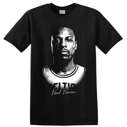 Black-and-white Paul Pierce Boston Celtics No. 34 portrait with signature-style script on a Black T Shirt