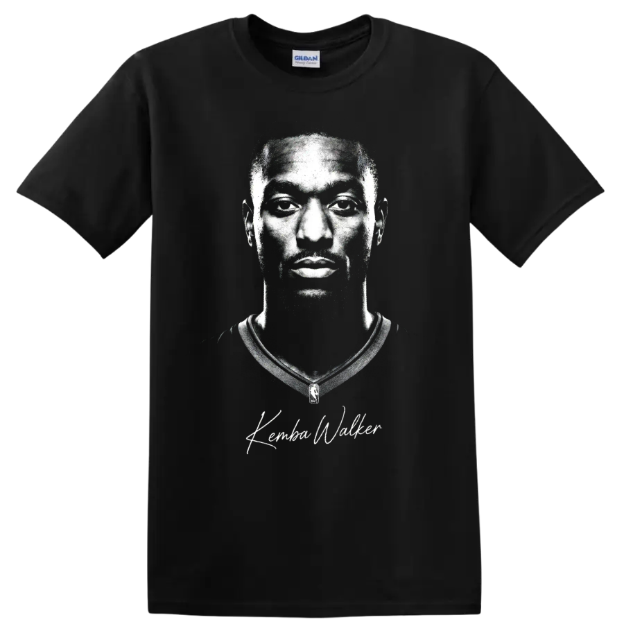 Monochrome Kemba Walker Charlotte Hornets No. 15 basketball portrait with signature on a Black T Shirt