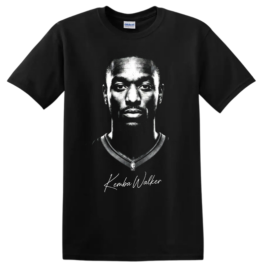 Monochrome Kemba Walker Charlotte Hornets No. 15 basketball portrait with signature on a Black T Shirt