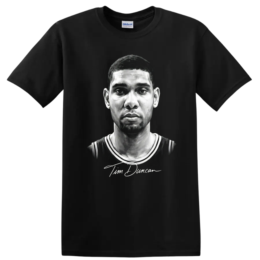 Grayscale Tim Duncan basketball portrait in No. 21 jersey with signature-style script on a Black T Shirt