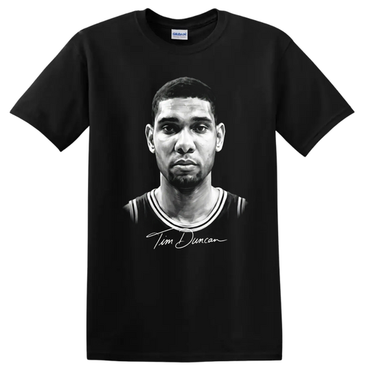 Grayscale Tim Duncan basketball portrait in No. 21 jersey with signature-style script on a Black T Shirt