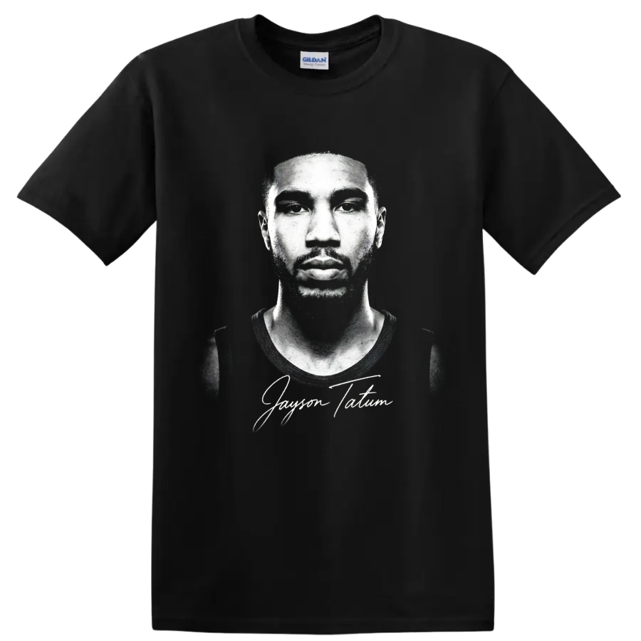 Jayson Tatum monochrome basketball portrait with signature-style text on a Black T Shirt