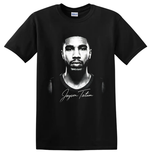 Jayson Tatum monochrome basketball portrait with signature-style text on a Black T Shirt