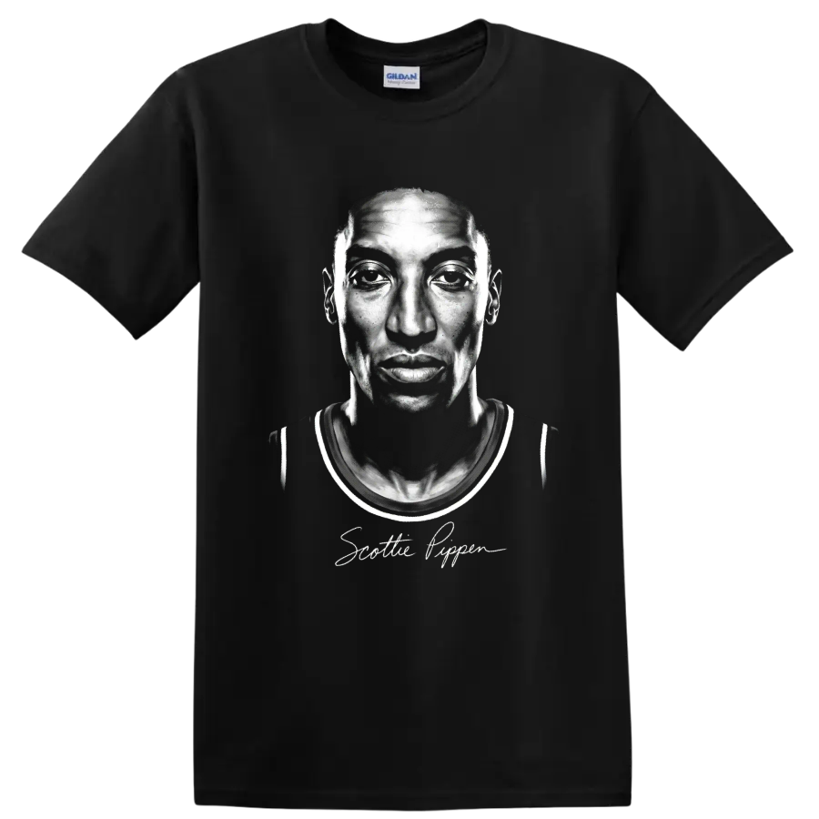 Scottie Pippen grayscale basketball portrait with signature-style script on a Black T Shirt