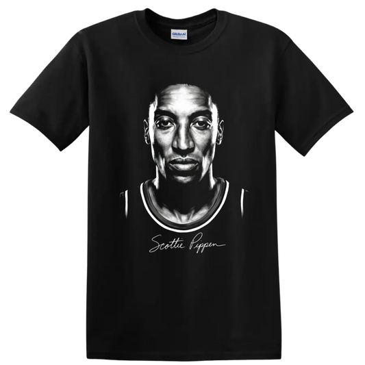 Scottie Pippen grayscale basketball portrait with signature-style script on a Black T Shirt