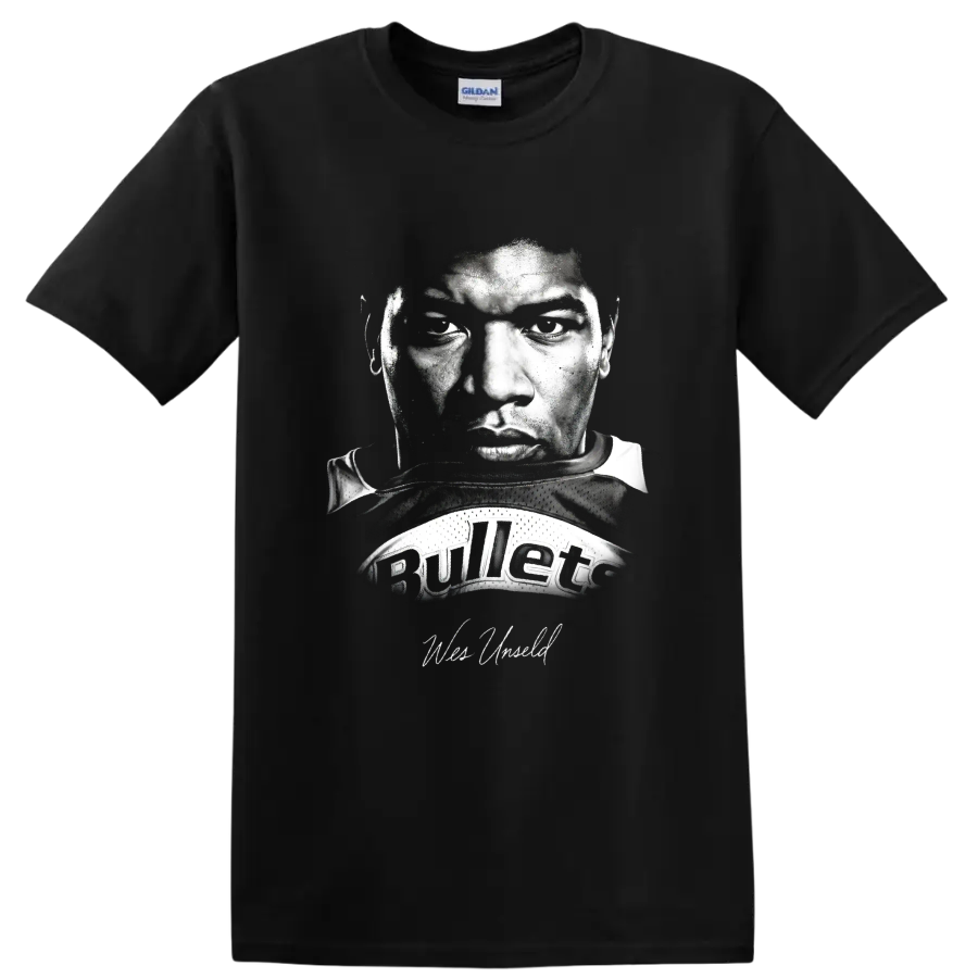Wes Unseld Washington Bullets No. 41 black-and-white vintage portrait graphic on a Black T Shirt
