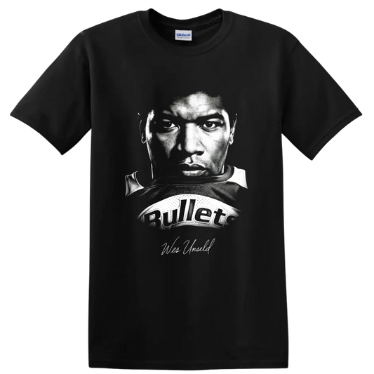 Wes Unseld Washington Bullets No. 41 black-and-white vintage portrait graphic on a Black T Shirt