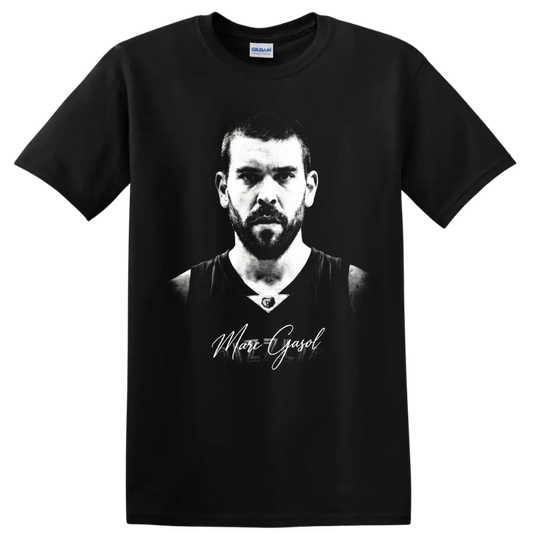 Marc Gasol black-and-white basketball portrait with signature and number 33 on a Black T Shirt
