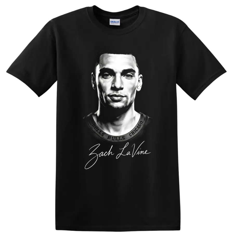 Zach LaVine Chicago Bulls No. 8 monochrome portrait with signature lettering on a Black T Shirt