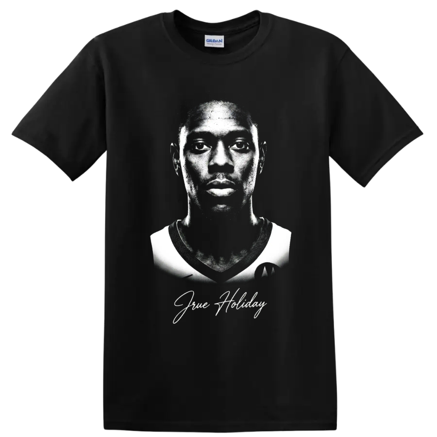 Jrue Holiday black-and-white basketball portrait with signature-style script on a Black T Shirt
