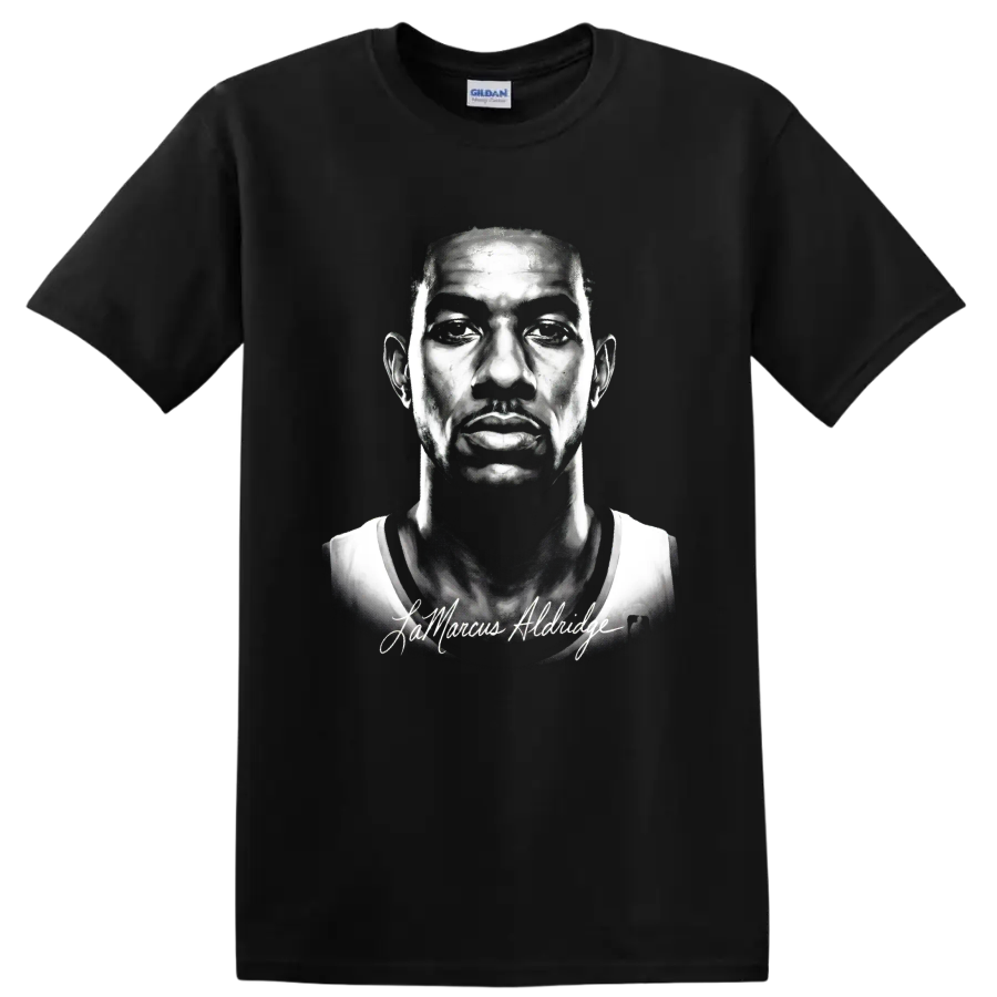 Monochrome LaMarcus Aldridge portrait with cursive signature on a Black T Shirt