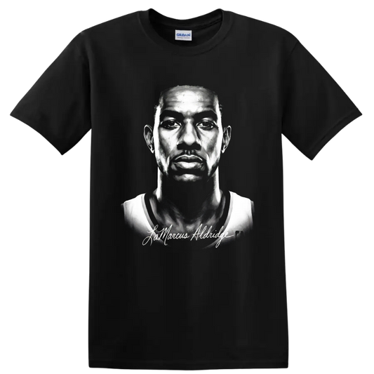 Monochrome LaMarcus Aldridge portrait with cursive signature on a Black T Shirt