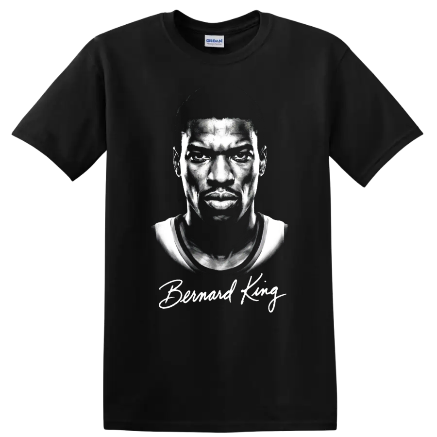 Monochrome Bernard King basketball portrait with signature-style Bernard King text on a Black T Shirt