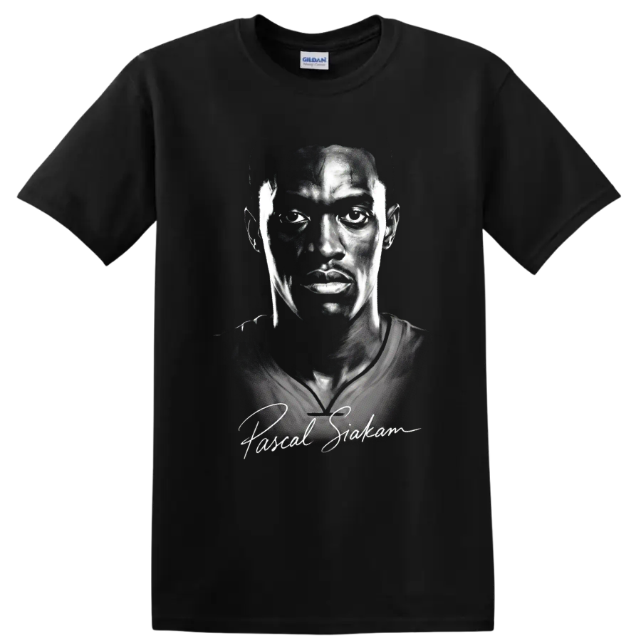 Pascal Siakam monochrome basketball portrait with signature-inspired script on a Black T Shirt