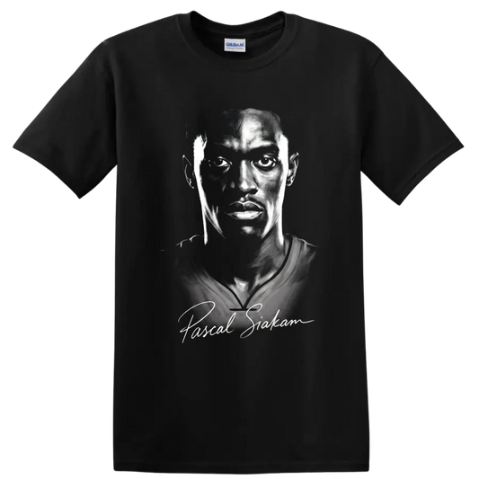Pascal Siakam monochrome basketball portrait with signature-inspired script on a Black T Shirt