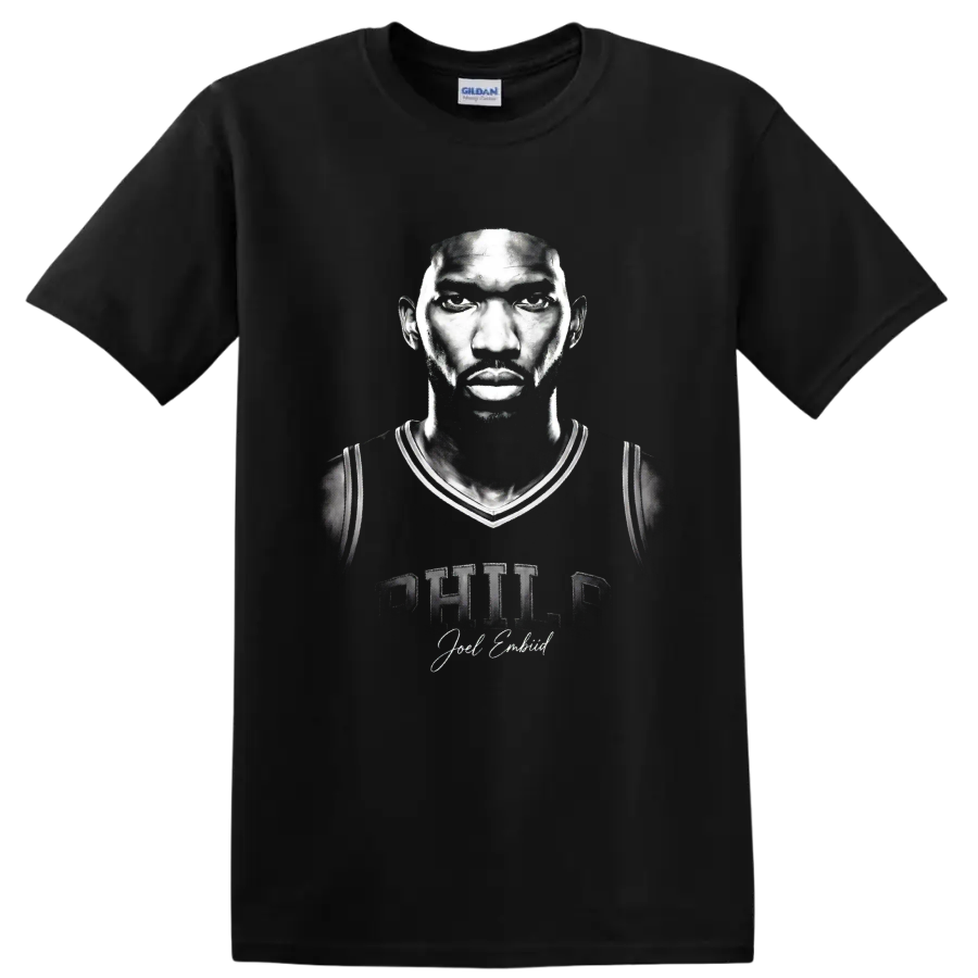 Monochrome Joel Embiid Philadelphia 76ers No. 21 portrait with Philly lettering on a Black T Shirt
