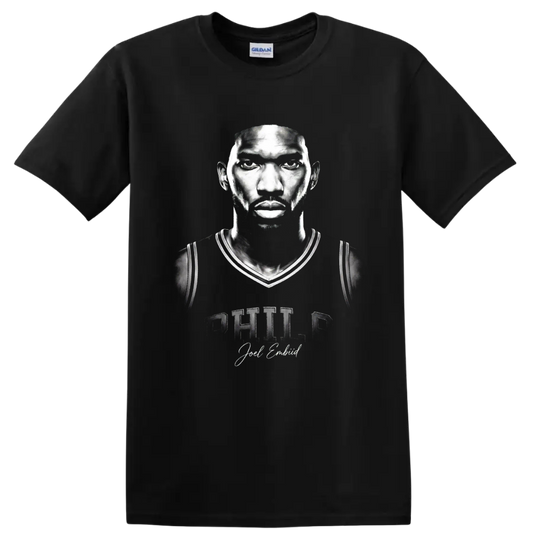 Monochrome Joel Embiid Philadelphia 76ers No. 21 portrait with Philly lettering on a Black T Shirt